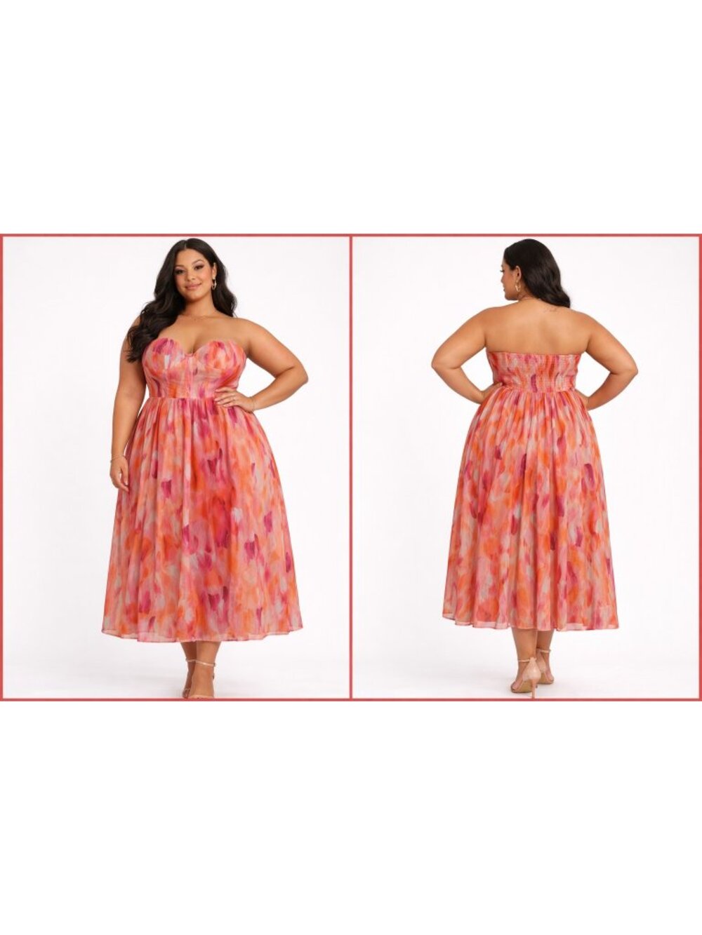 Lulu's Strapless Watercolor Midi Dress in Coral Pink & Orange